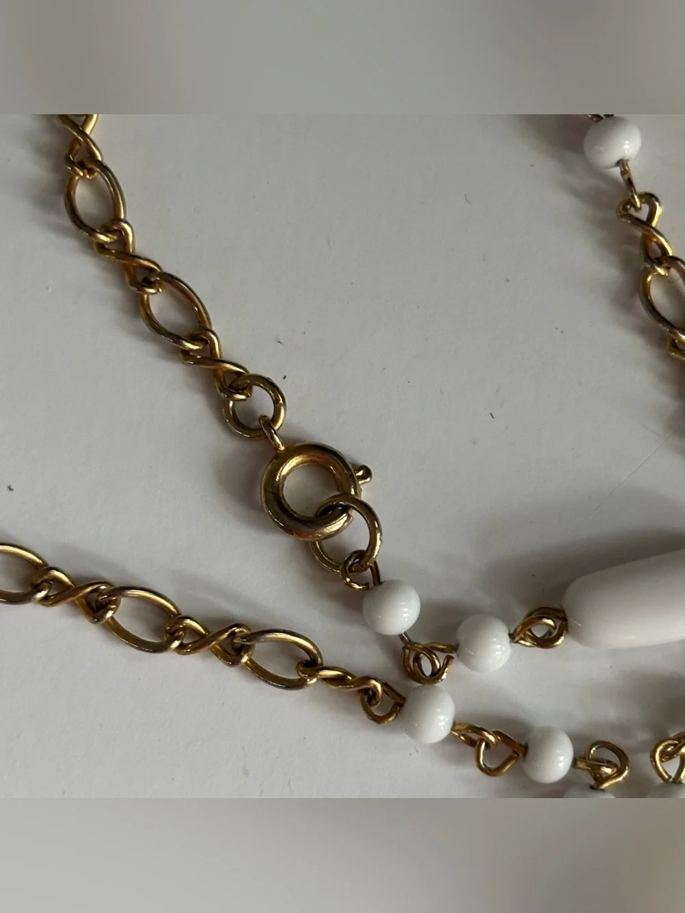 Vintage 1960s Uranium Custard Glass Milk Glass Long Gold Tone Station Necklace